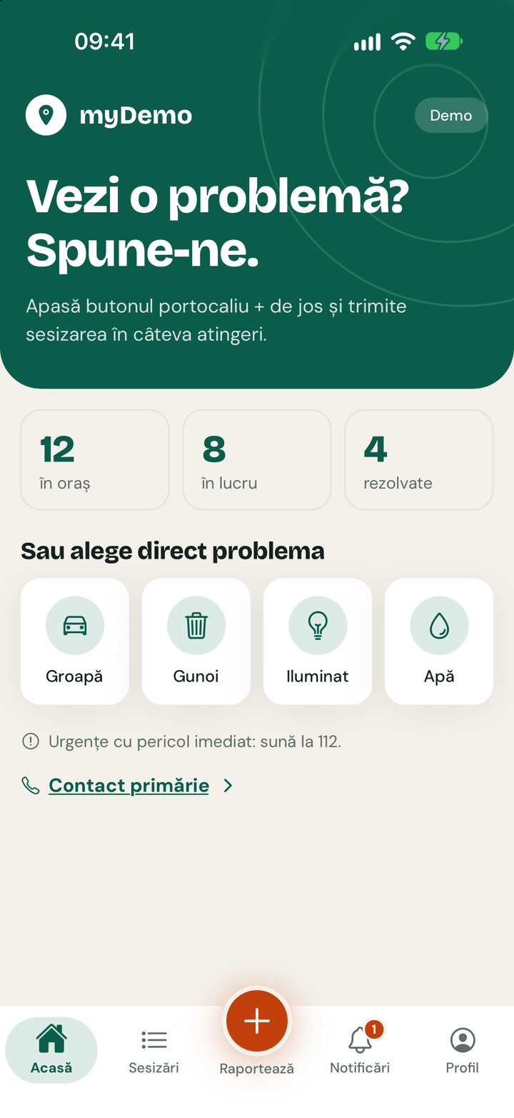 Ecranul Acasă al aplicației: titlul „Vezi o problemă? Spune-ne”, trei statistici și patru scurtături spre categorii.