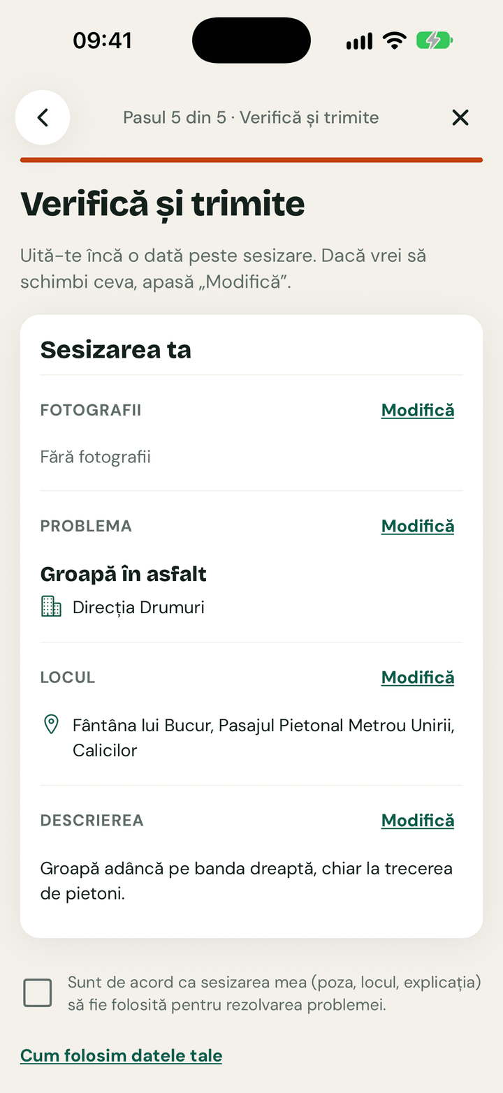 Pasul 5, „Verifică și trimite”: rezumatul sesizării înainte de trimitere.